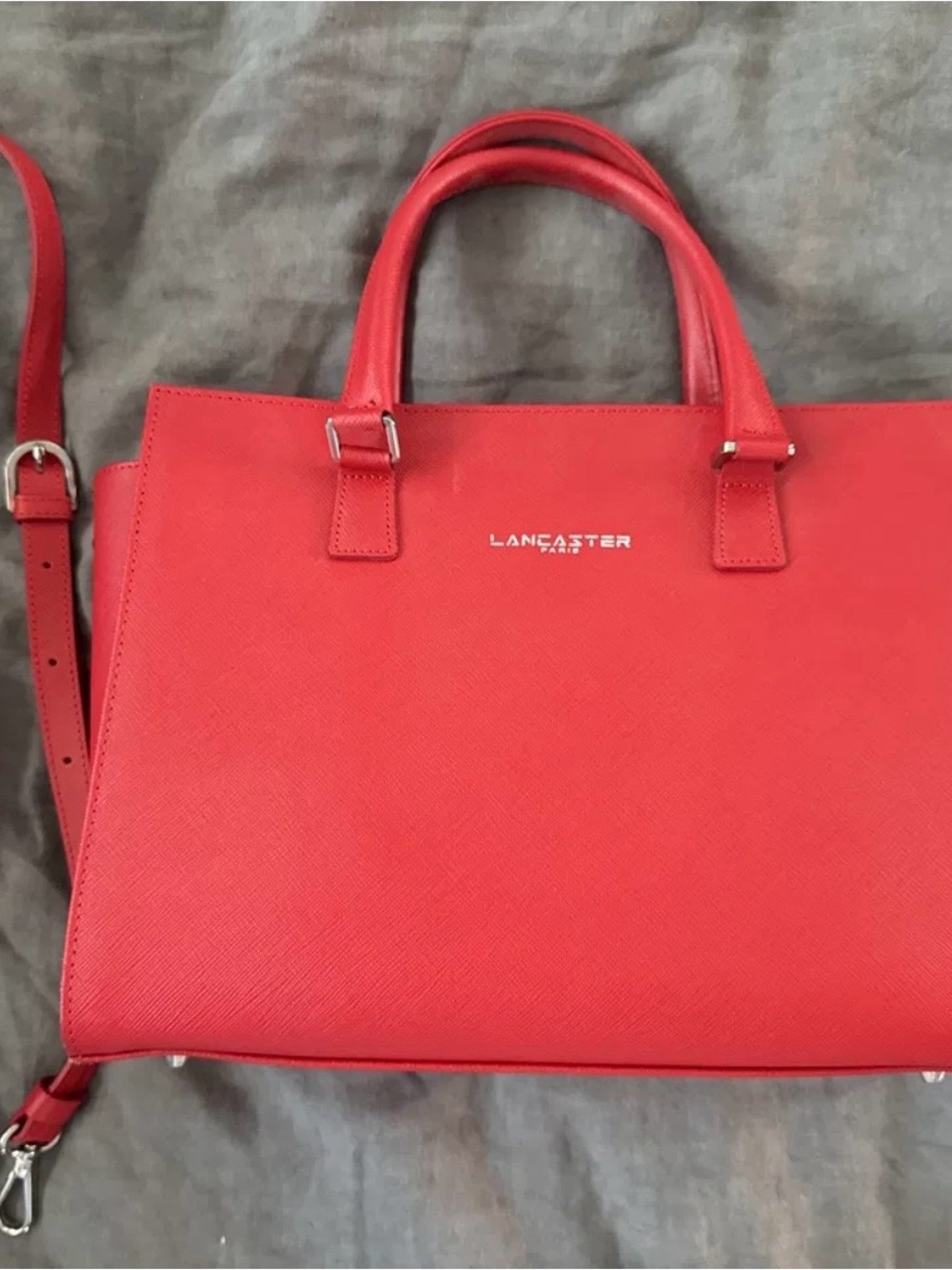 Lancaster Paris Red Saffiano Leather Tote with Detachable Crossbody Strap